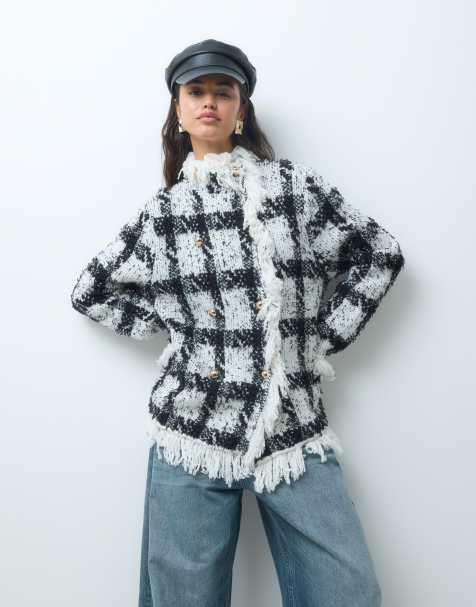 ASOS DESIGN textured fringe double breasted coatigan in mono check - view 1