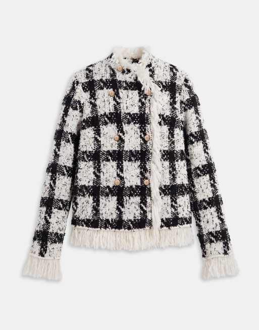 ASOS DESIGN textured fringe double breasted coatigan in mono check, 6 of 9