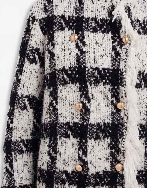 ASOS DESIGN textured fringe double breasted coatigan in mono check, 8 of 9