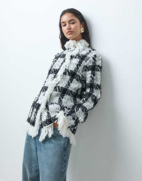 ASOS DESIGN textured fringe double breasted coatigan in mono plaid - view 1