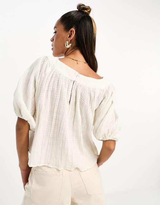 ASOS DESIGN linen top with lace up front & volume sleeve in oatmeal