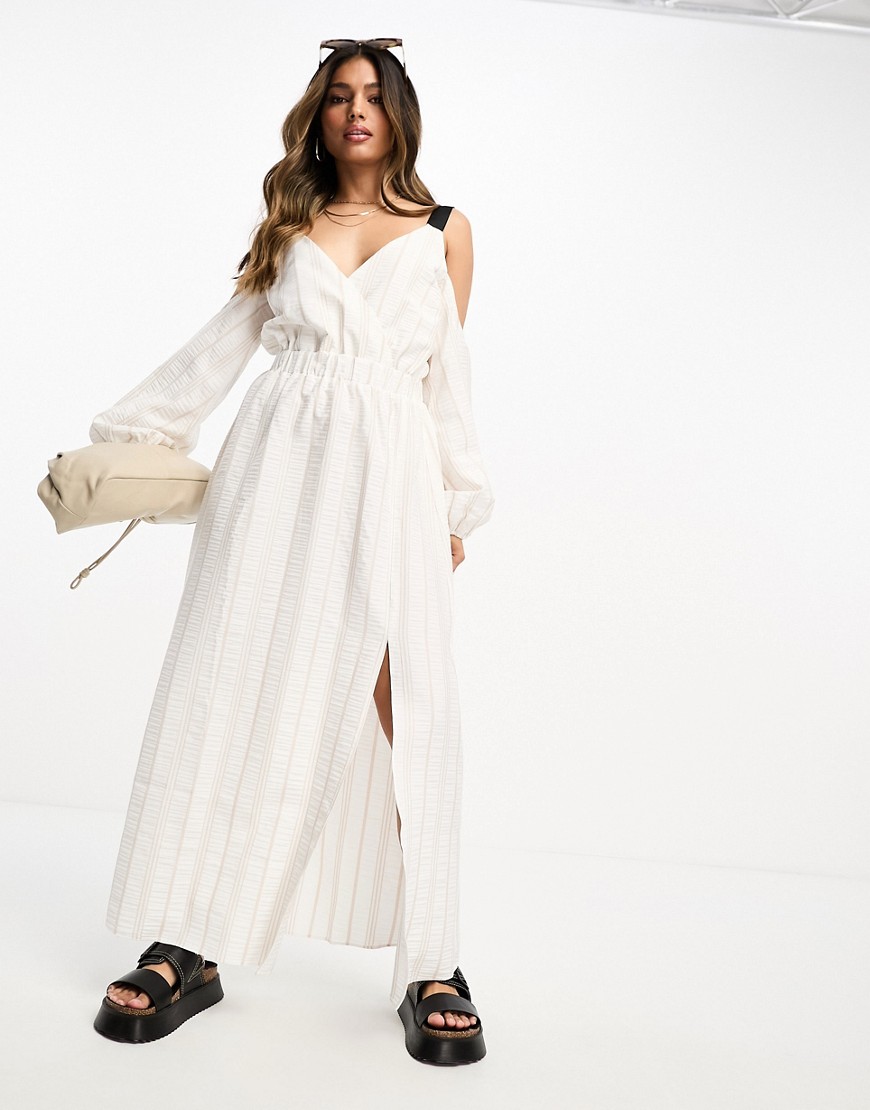 ASOS DESIGN textured grosgrain strap midi dress with cold shoulder detail in natural stripe-Multi