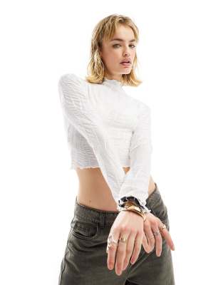 Asos Design Textured Grown On Neck Long Sleeve Top In Cream-white