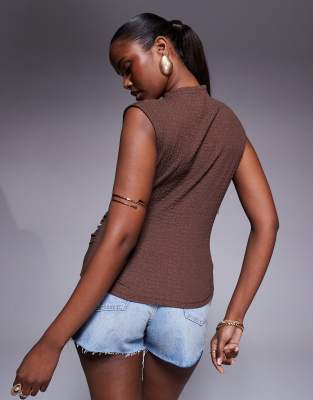 Asos Design Textured Grown On Neck Sleeveless Top With Hardware Metal Trim In Brown