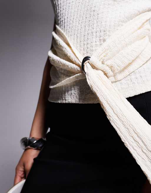 ASOS DESIGN textured grown on neck sleeveless top with hardware metal trim in cream, 3 of 4