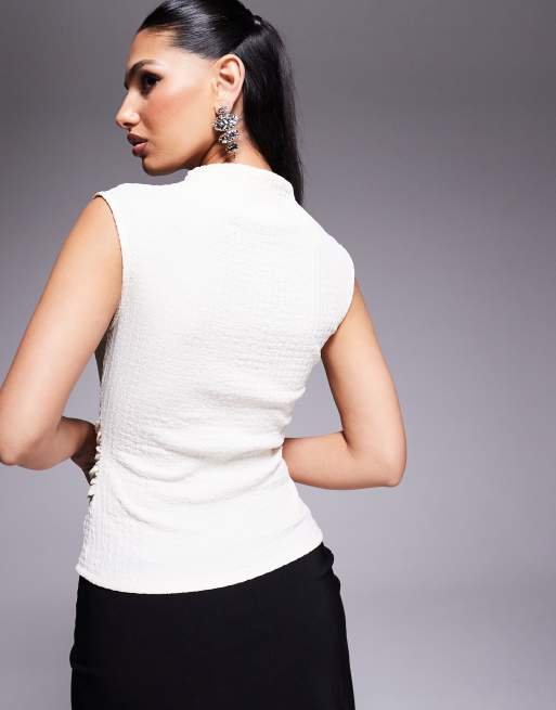 ASOS DESIGN textured grown on neck sleeveless top with hardware metal trim in cream, 4 of 4