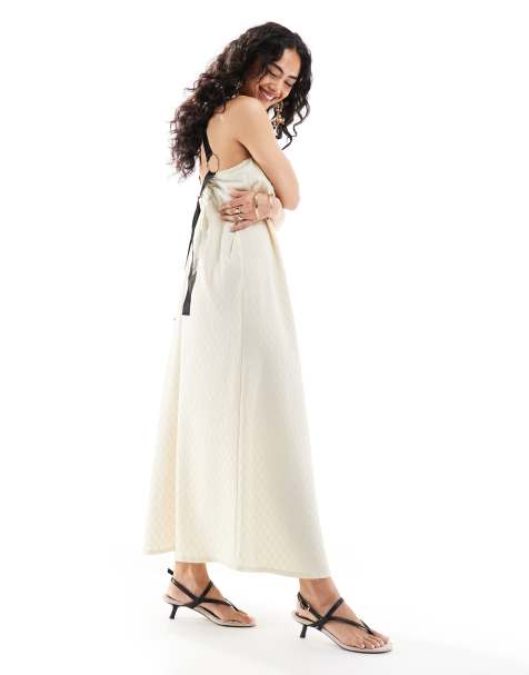 ASOS DESIGN textured halter black strap midi dress in cream - view 1