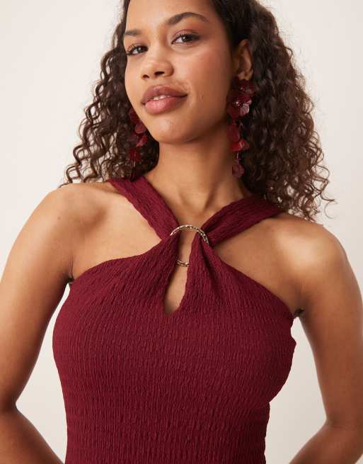 ASOS DESIGN textured halter cut out mini dress with hardware detail in burgundy