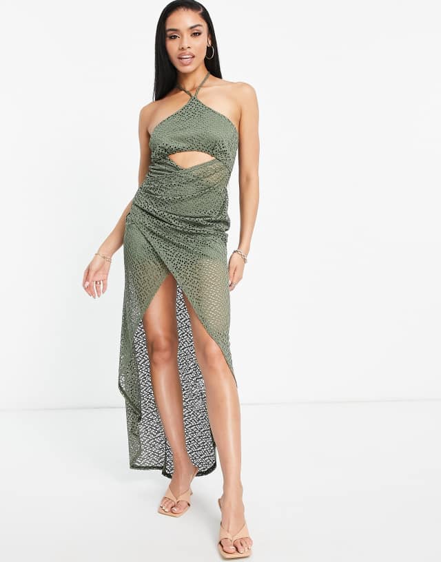 ASOS DESIGN textured halter cut out wrap maxi dress in olive