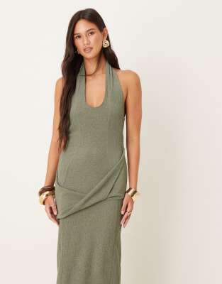 Asos Design Textured Halter Drape Waist Midi Dress In Green