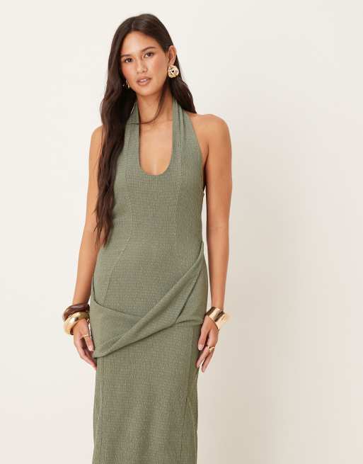 ASOS DESIGN textured halter drape waist midi dress in khaki green, 2 of 4