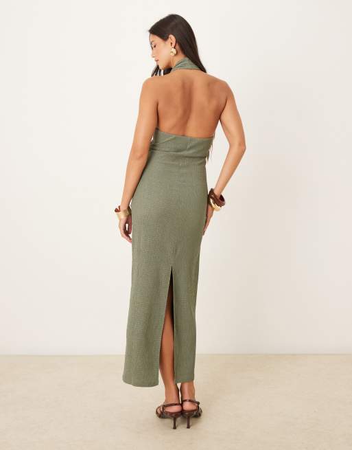 ASOS DESIGN textured halter drape waist midi dress in khaki green, 3 of 4