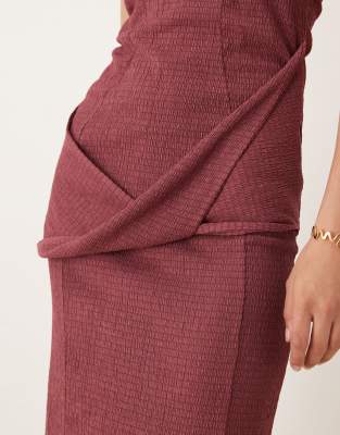 Asos Design Textured Halter Drape Waist Midi Dress In Burgundy