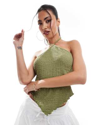 ASOS DESIGN textured halter hanky top in khaki-Green