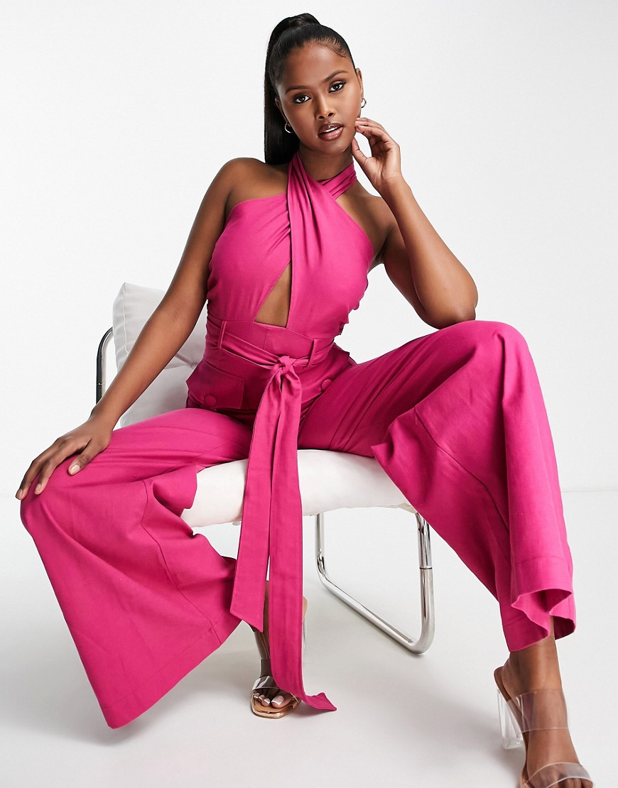 Asos Design Textured Halter Jumpsuit With Belt And Large Pocket In Bright Pink