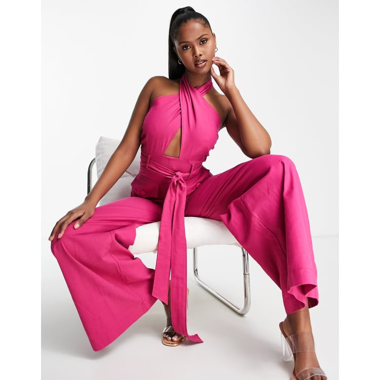 ASOS DESIGN textured halter jumpsuit with belt and large pocket in bright  pink