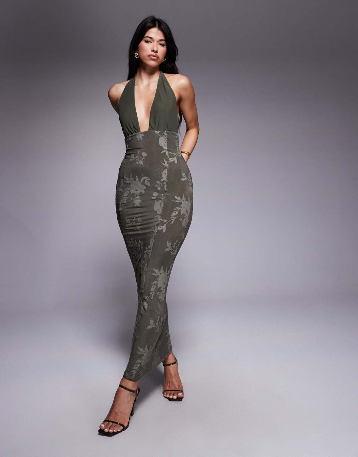 ASOS DESIGN textured halter maxi dress in khaki