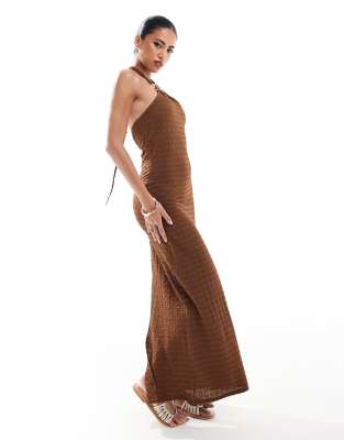 Asos Design Textured Halter Midi Dress With Hardware Trim In Chocolate-brown