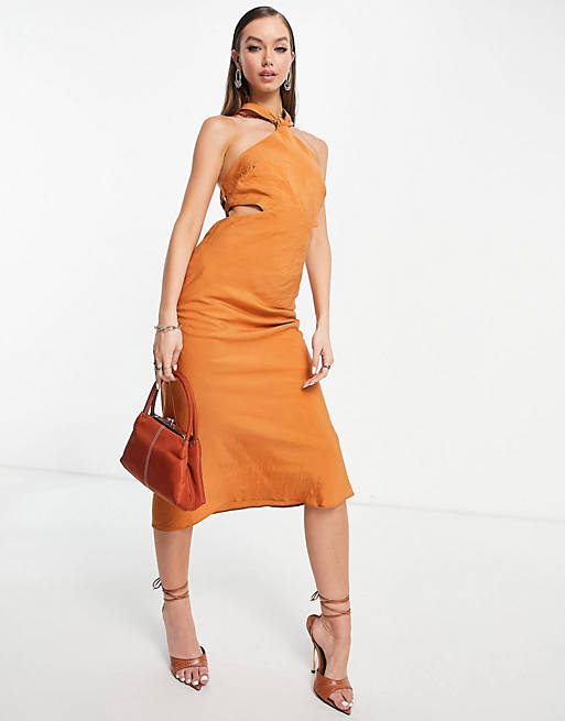 Dresses textured halter midi dress with ruched back strap detail in rust 