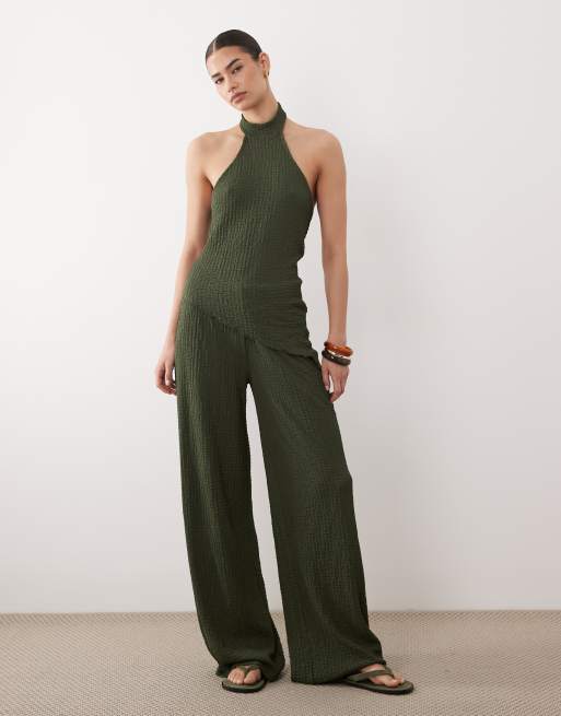 ASOS DESIGN textured halter neck asymmetric top in khaki (part of a set), 2 of 4