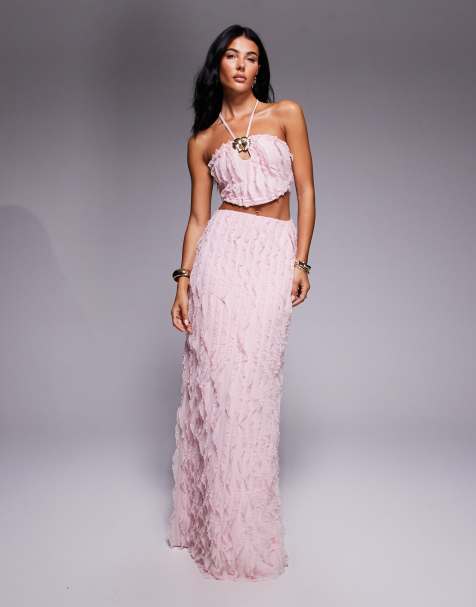 ASOS DESIGN textured halter neck maxi dress with floral trim in pink - view 1