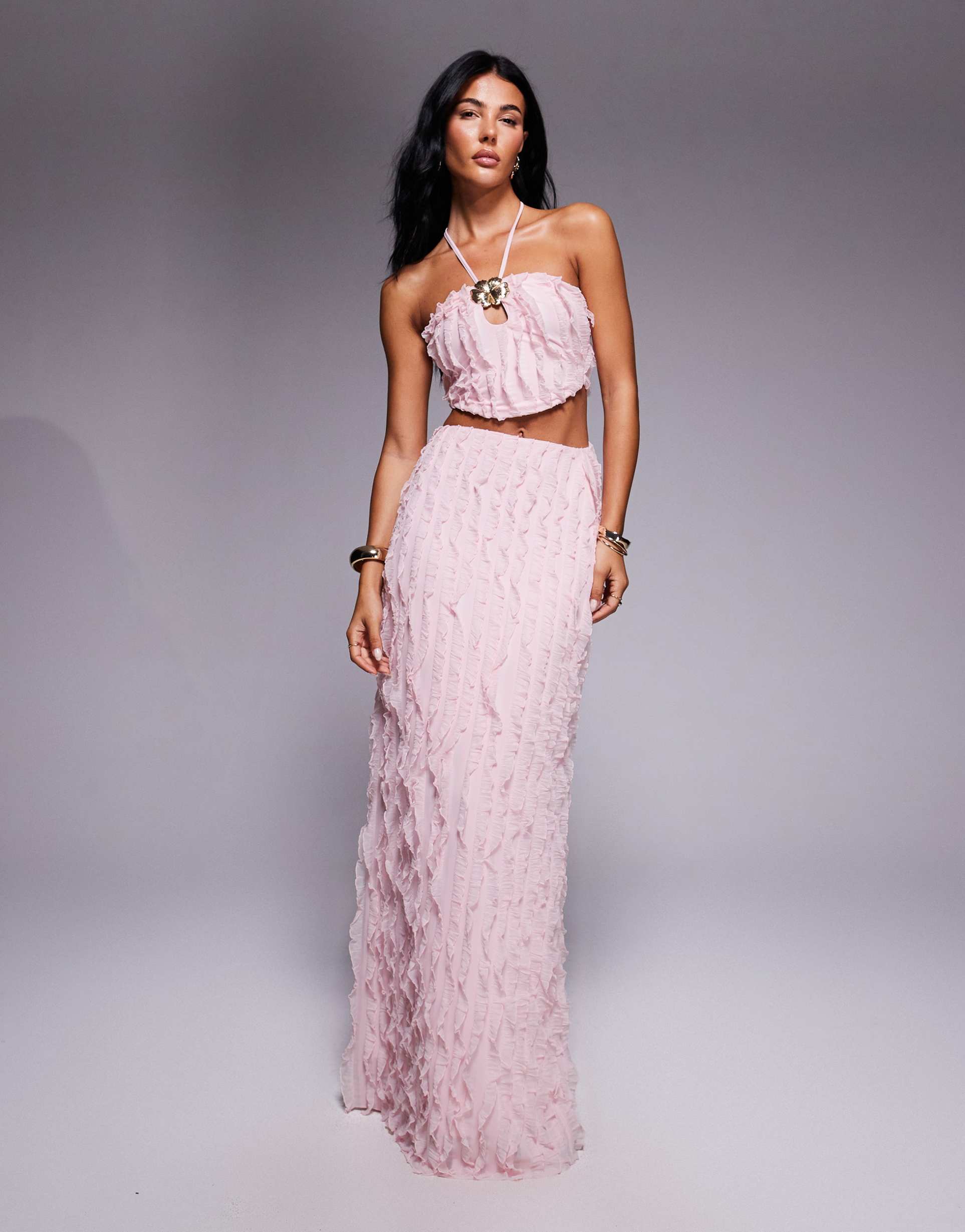 asos design textured halter neck maxi dress with floral trim in pink