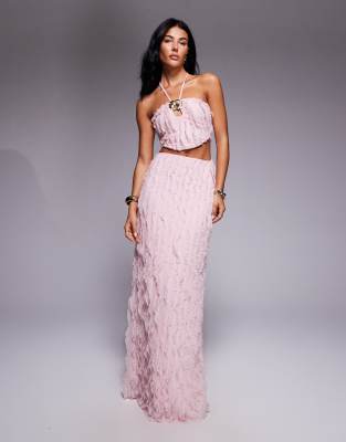 Asos Design Textured Halter Neck Maxi Dress With Shell Trim In Pink