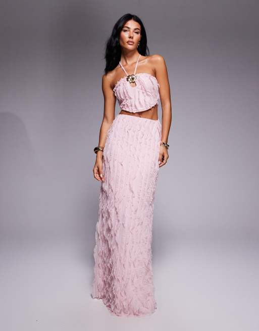 ASOS DESIGN textured halter neck maxi dress with shell trim in pink