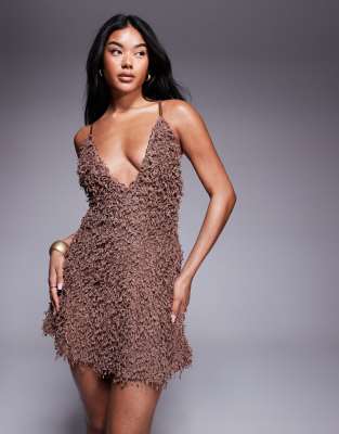 Asos Design Textured Halter Neck Mini Dress In Brown