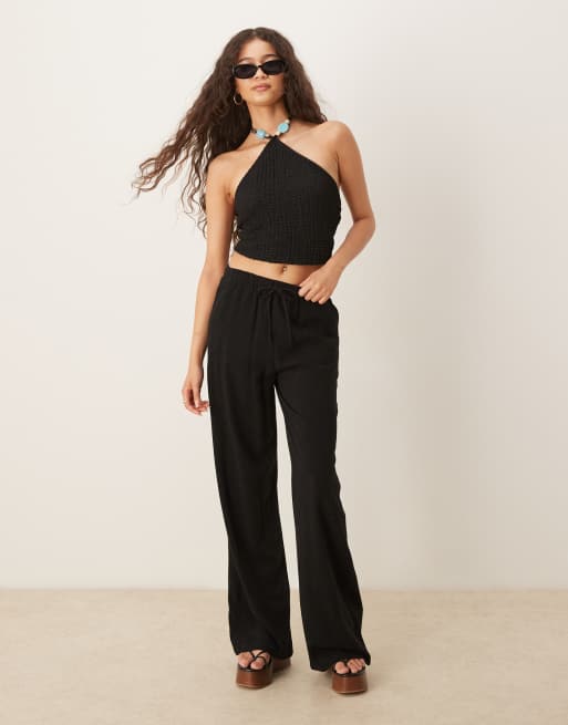 ASOS DESIGN textured halter neck top with beaded detail in black, 4 of 4