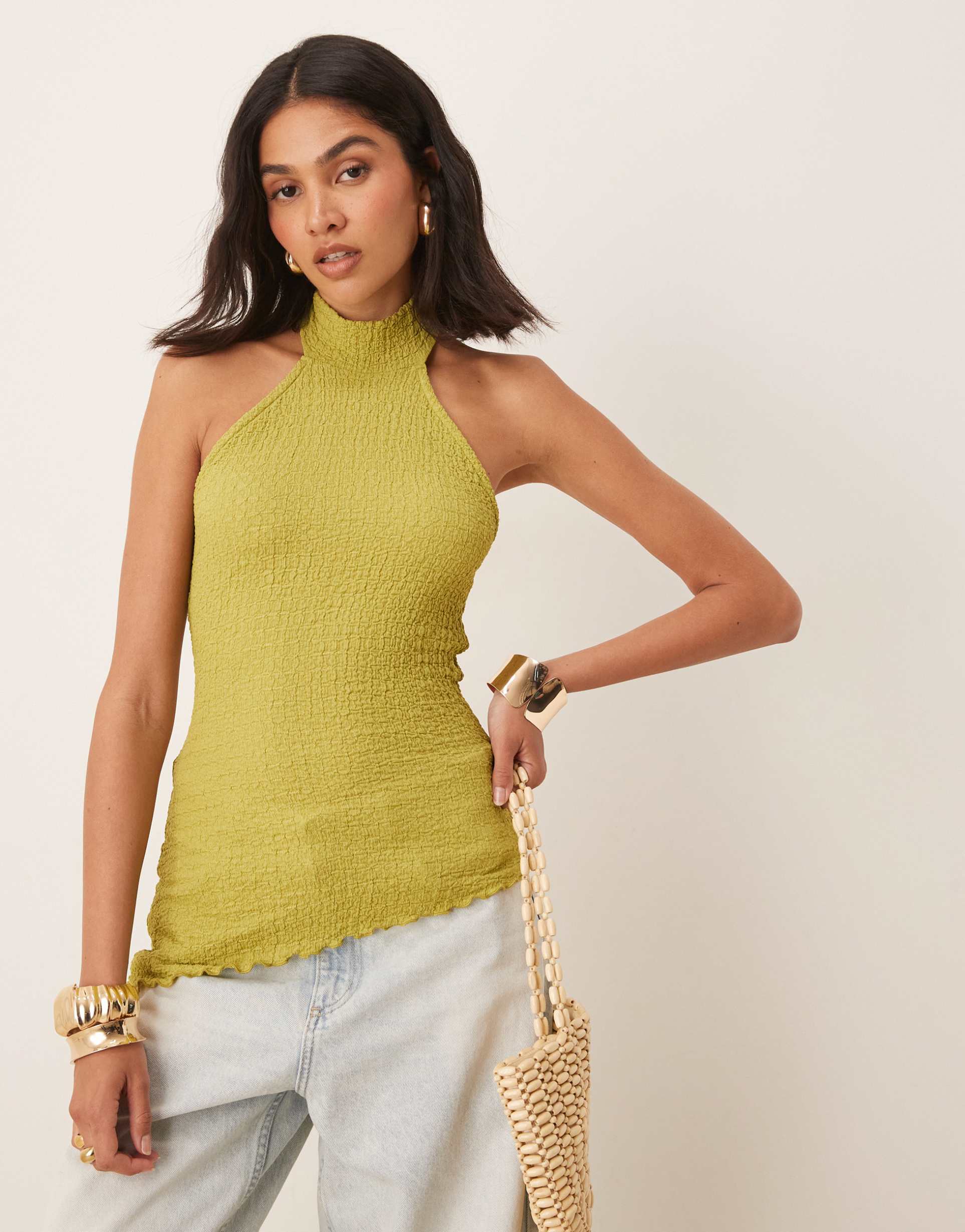 asos design textured halter top in green olive - part of a set