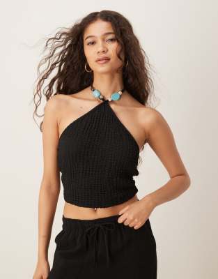 [ASOS DESIGN] ASOS DESIGN textured halter top with bead detail in black XS BLACK
