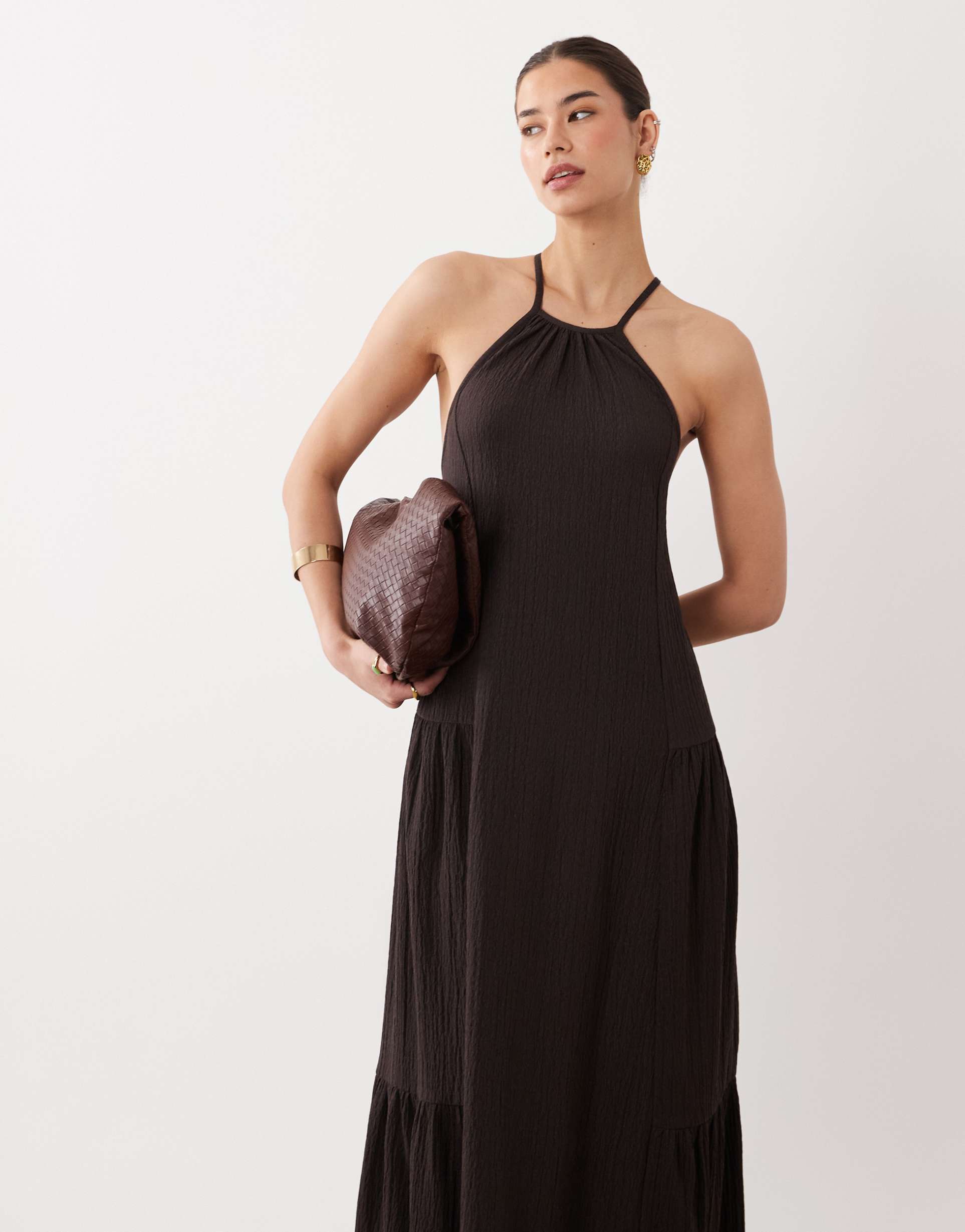 asos design textured halter trapeze maxi dress in chocolate