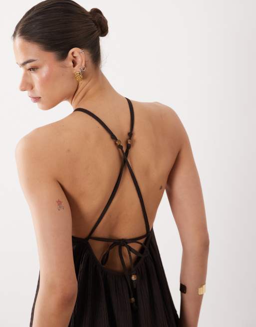 ASOS DESIGN textured halter trapeze maxi dress in chocolate, 2 of 4
