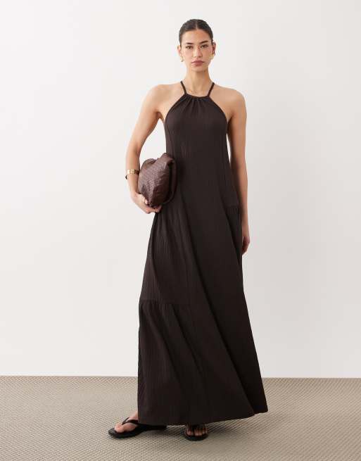 ASOS DESIGN textured halter trapeze maxi dress in chocolate, 3 of 4