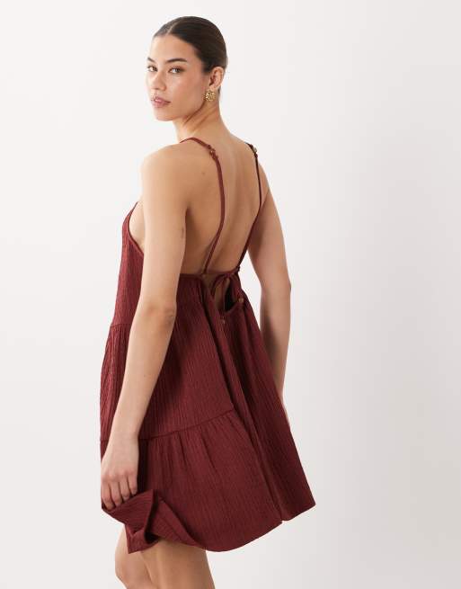 ASOS DESIGN textured halter trapeze mini dress in rust, 2 of 4