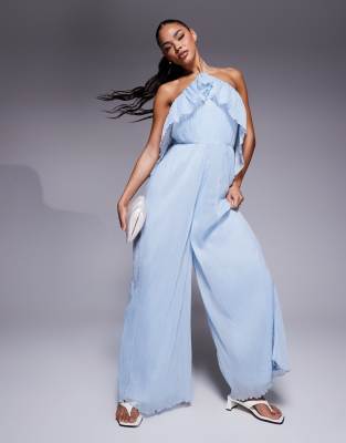 textured halter wide leg jumpsuit with frill detail in light blue