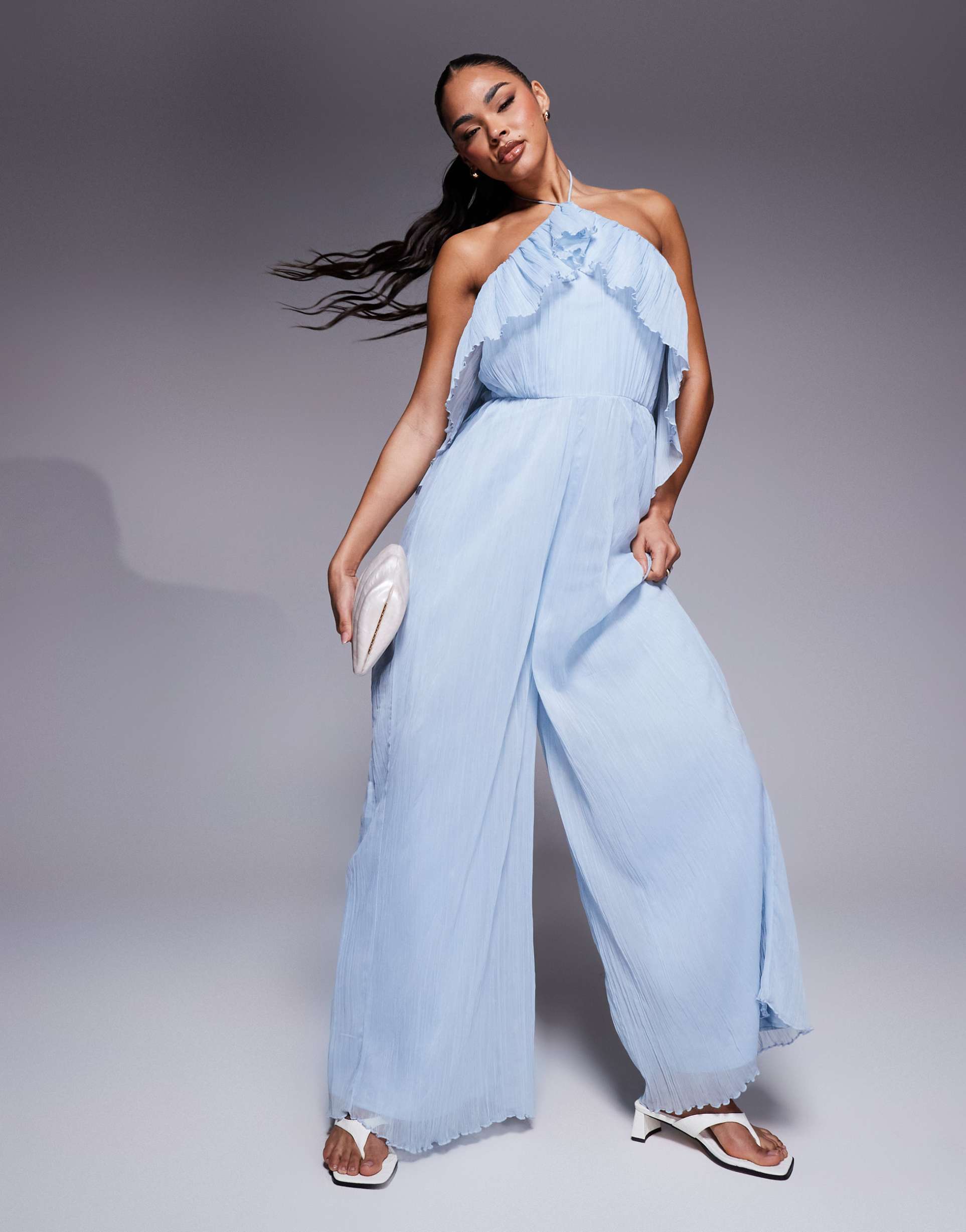 asos design textured halter wide leg jumpsuit with frill detail in light blue
