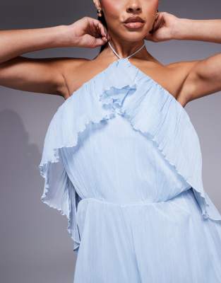 Asos Design Textured Halter Wide Leg Jumpsuit With Frill Detail In Blue