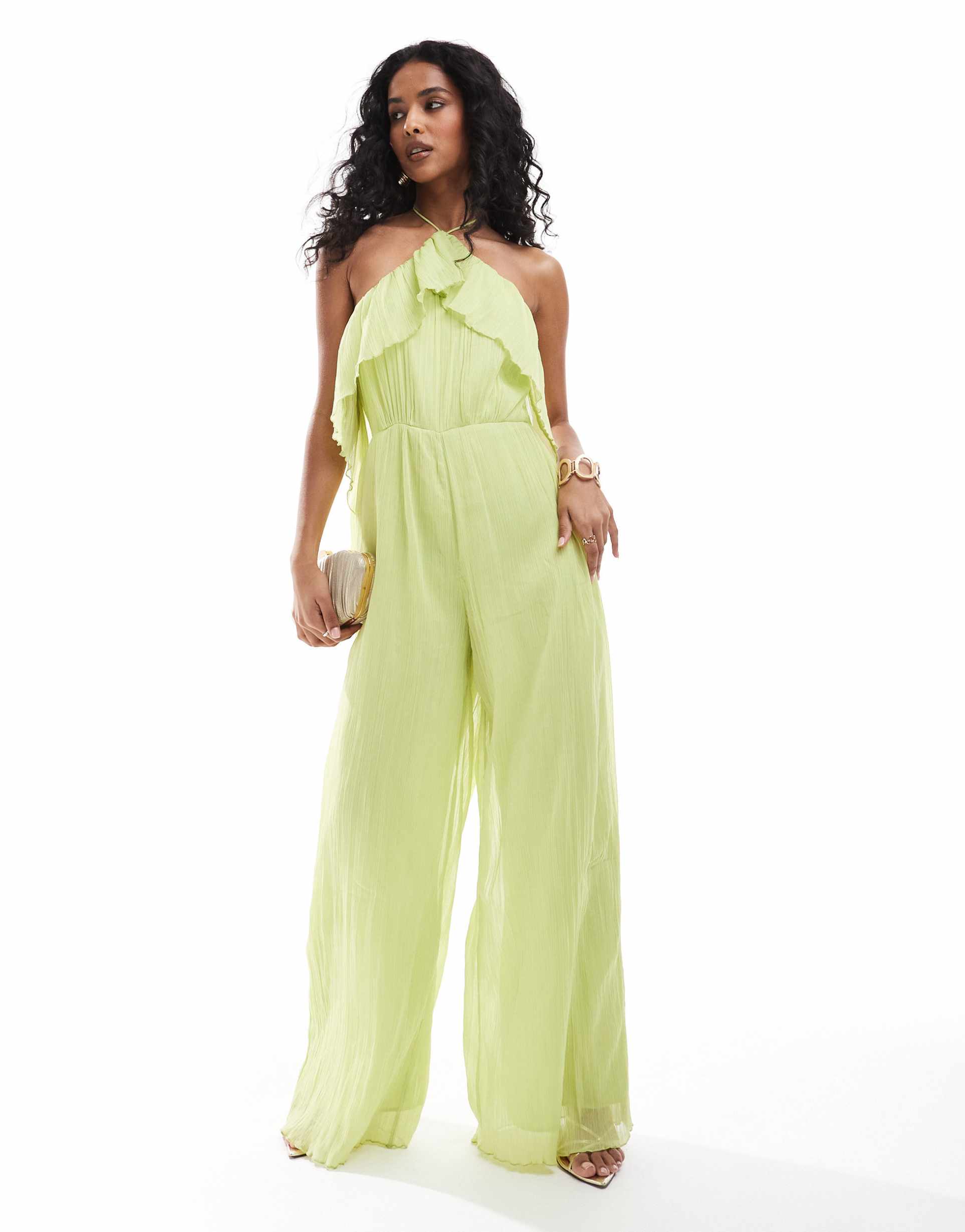 asos design textured halter wide leg jumpsuit with frill detail in lime green