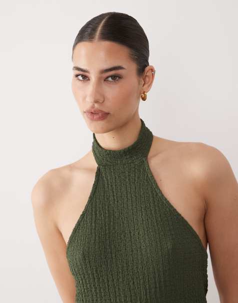 ASOS DESIGN textured halterneck asymmetric top in khaki - part of a set - view 1