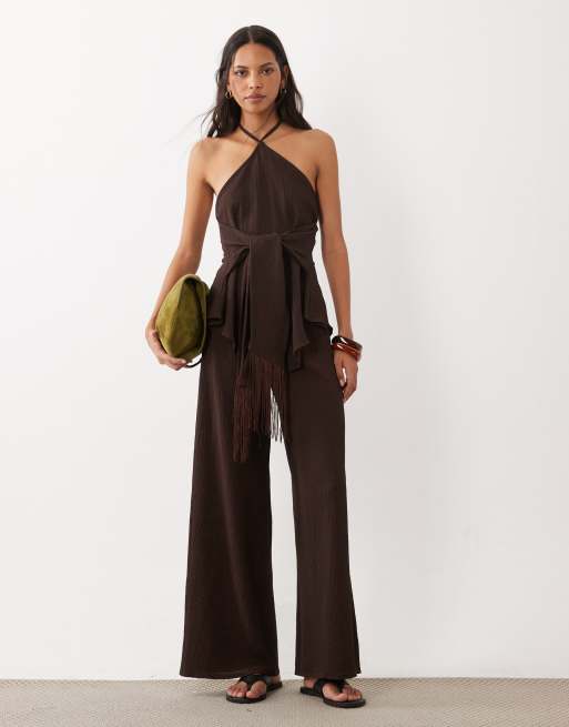 ASOS DESIGN textured halterneck top co-ord with fringed tie detail in chocolate, 2 of 4