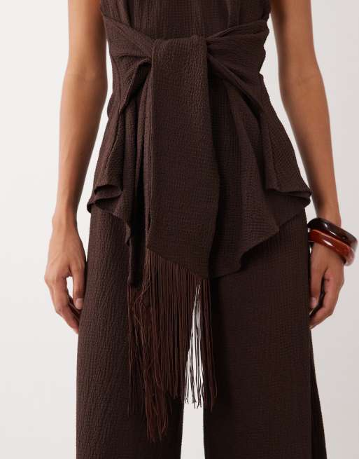 ASOS DESIGN textured halterneck top co-ord with fringed tie detail in chocolate, 3 of 4