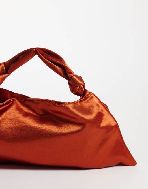 ASOS DESIGN textured hammered satin small shoulder bag in rust, 4 of 4