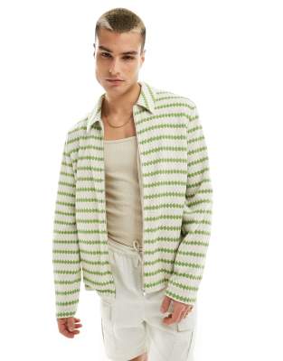 Asos Design Textured Harrington Stripe Jacket In Green And Beige