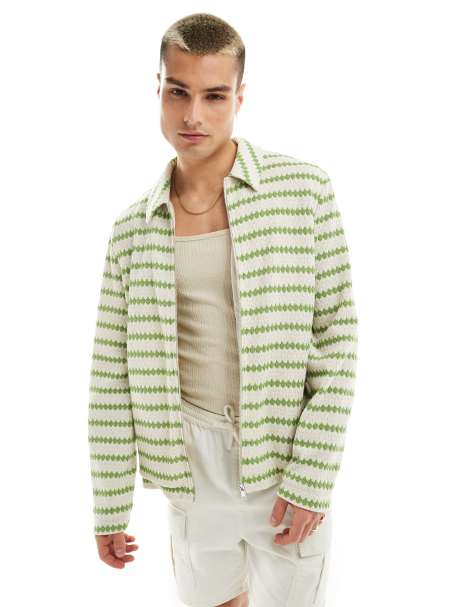 ASOS DESIGN textured harrington stripe jacket in green and beige - view 1