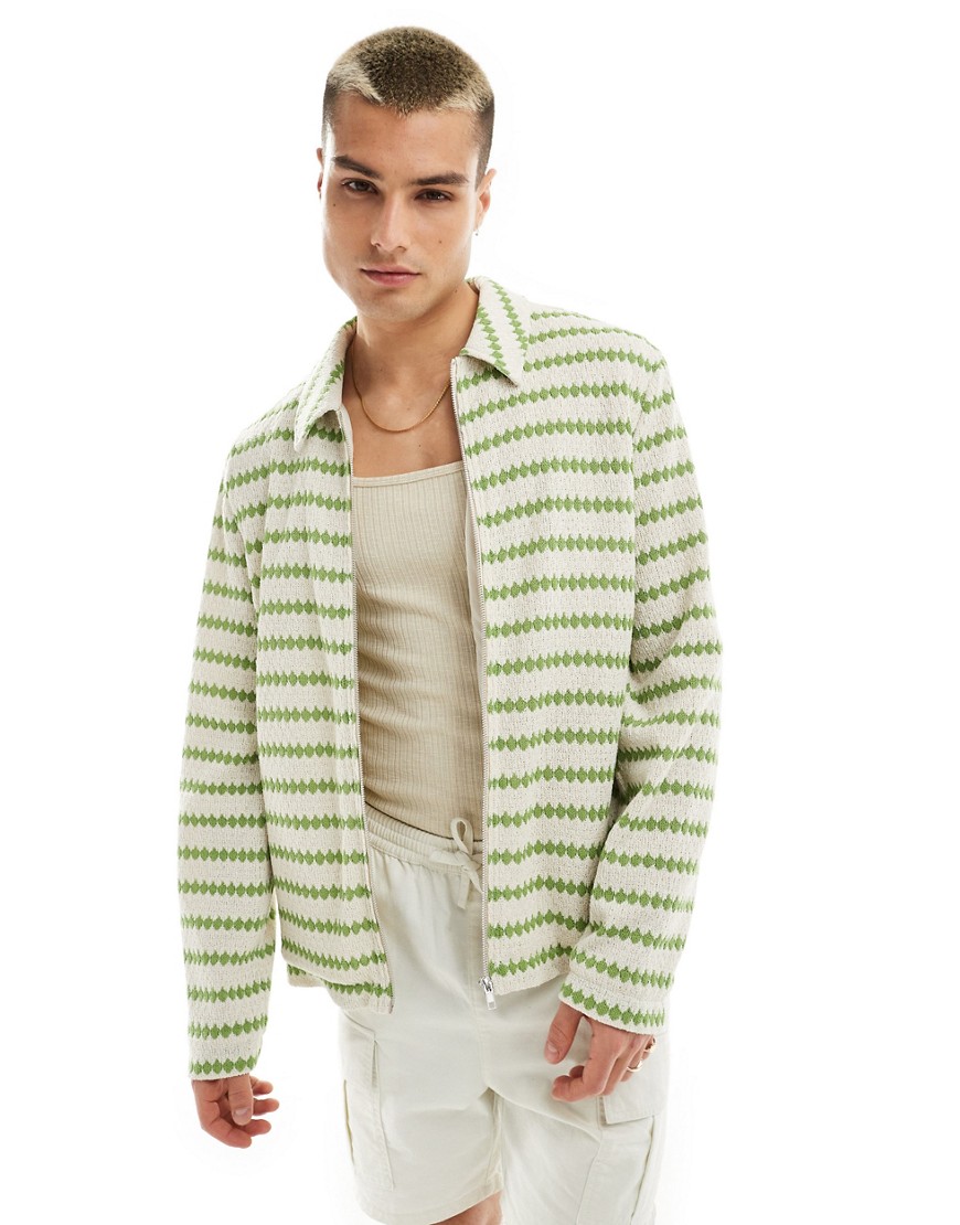 textured harrington stripe jacket in green and beige