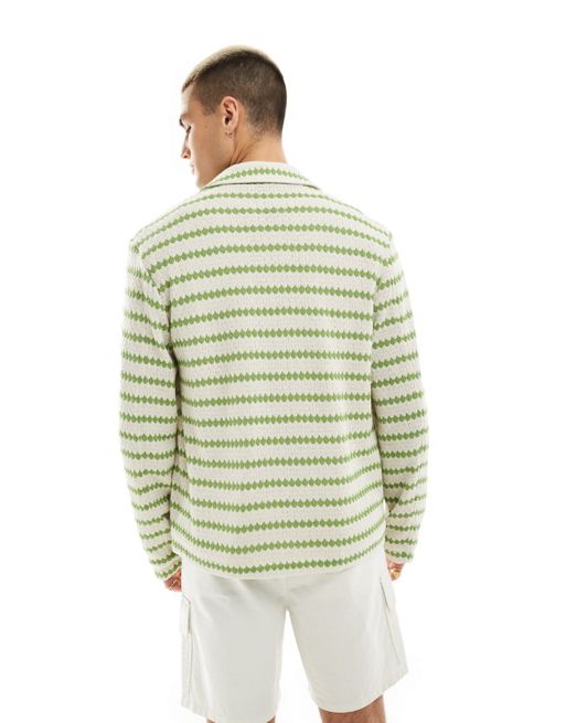 ASOS DESIGN textured harrington stripe jacket in green and beige