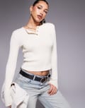 [ASOS DESIGN] ASOS DESIGN textured henley long sleeve top in cream-White L CREAM