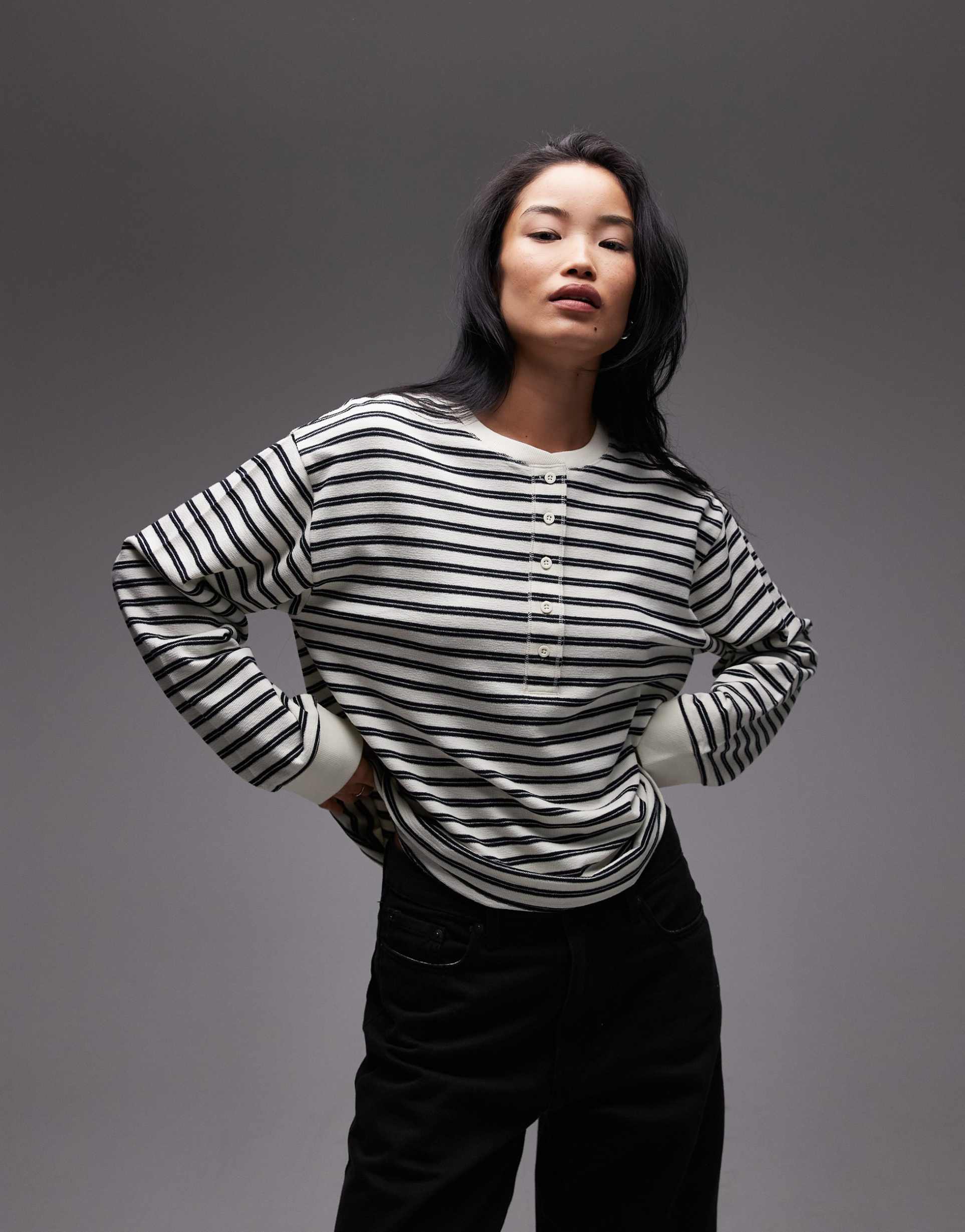 asos design textured henley neck top in cream stripes